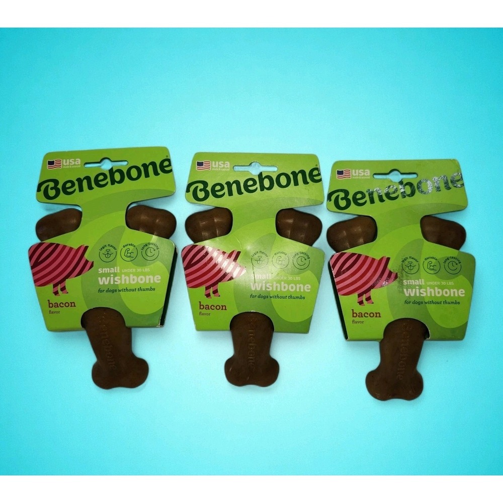 Set of 3 Benebone Wishbone Durable Dog Chew Toys, Real Bacon,‎ Small 15-30 lbs